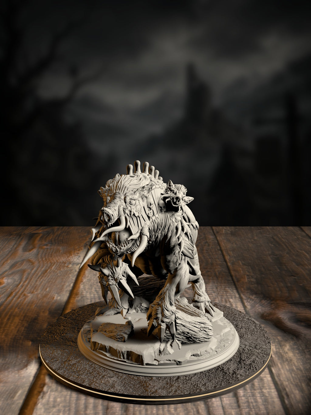 Nogoron, Blighted Giant Boar, charging with corrupted tusks and hide, front view on a large forest base.