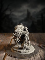Nogoron, Blighted Giant Boar, charging with corrupted tusks and hide, front view on a large forest base.