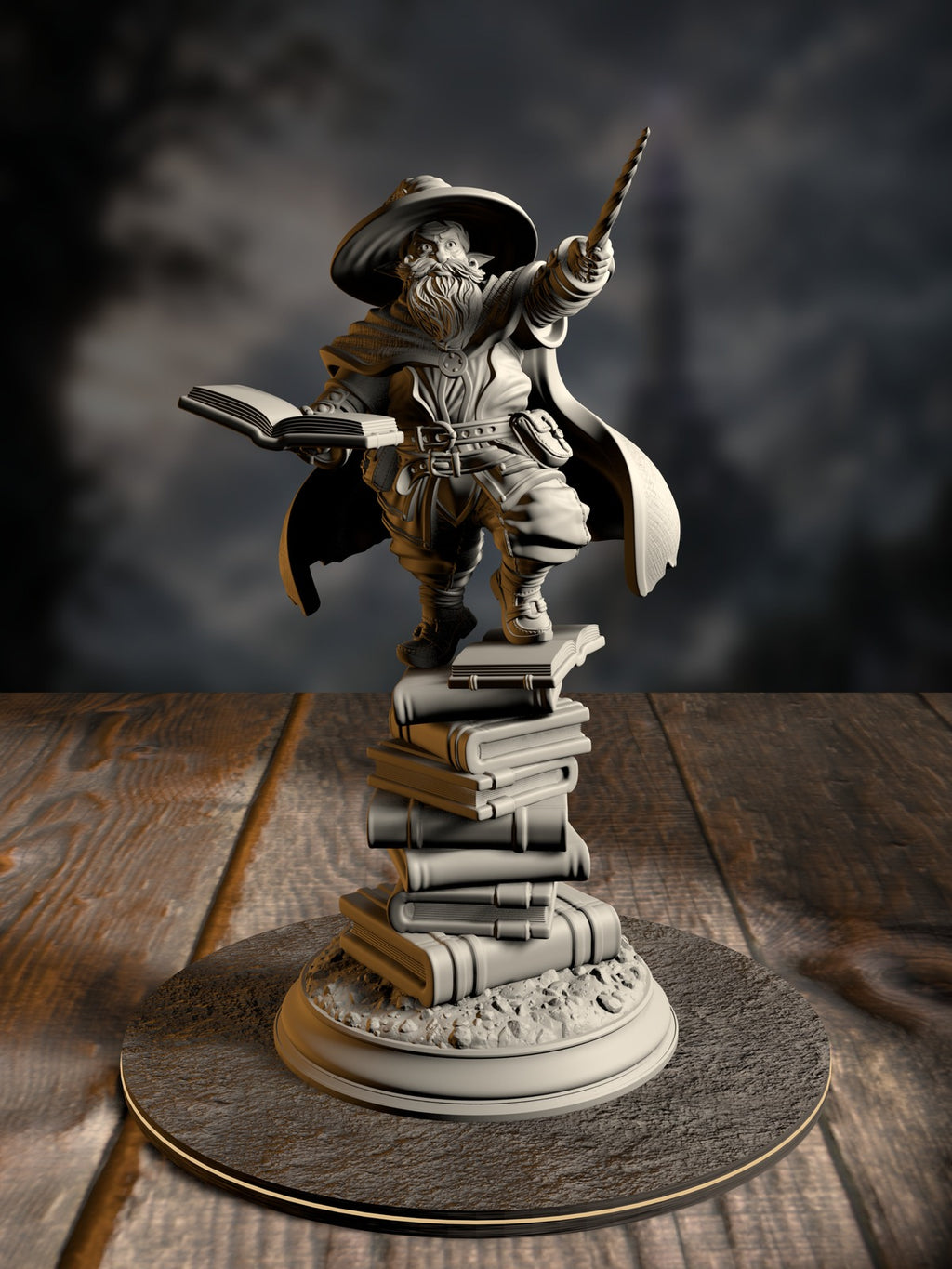 Pepitos the Manic, Professor of the Arcane, mid-lecture with transmutation tools, front view on a cluttered study base.