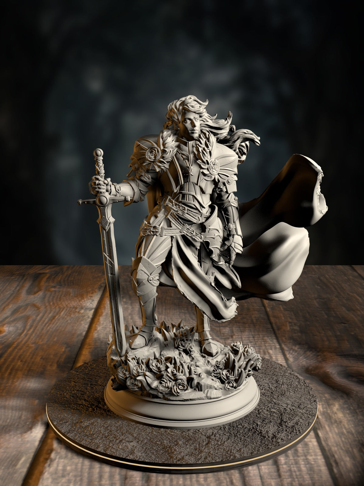 Prince Charming, Noble Knight, in polished heraldic armor, front view on a valley-approach base.