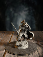 Puss In Boots, Tabaxi Fencer, in a plumed hat with rapier drawn, front view on a courtly base.