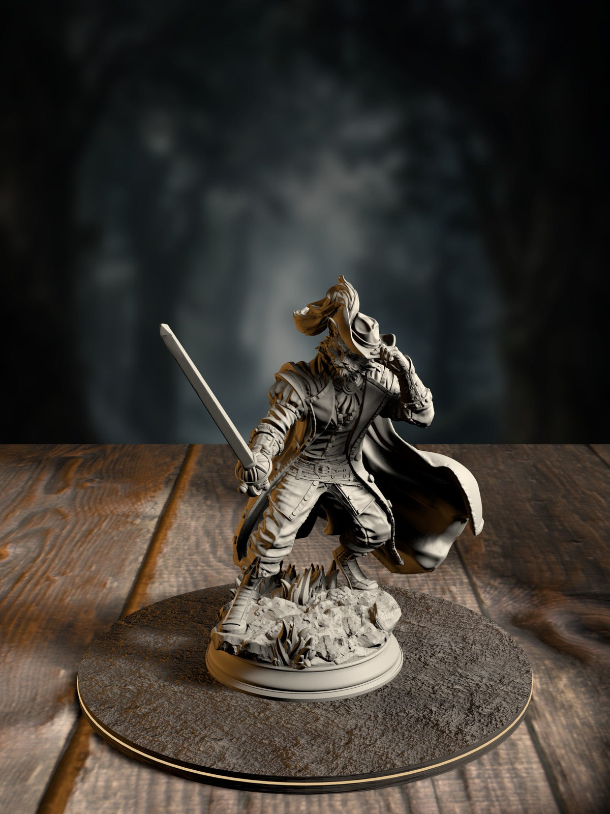 Puss In Boots, Tabaxi Fencer, in a plumed hat with rapier drawn, front view on a courtly base.