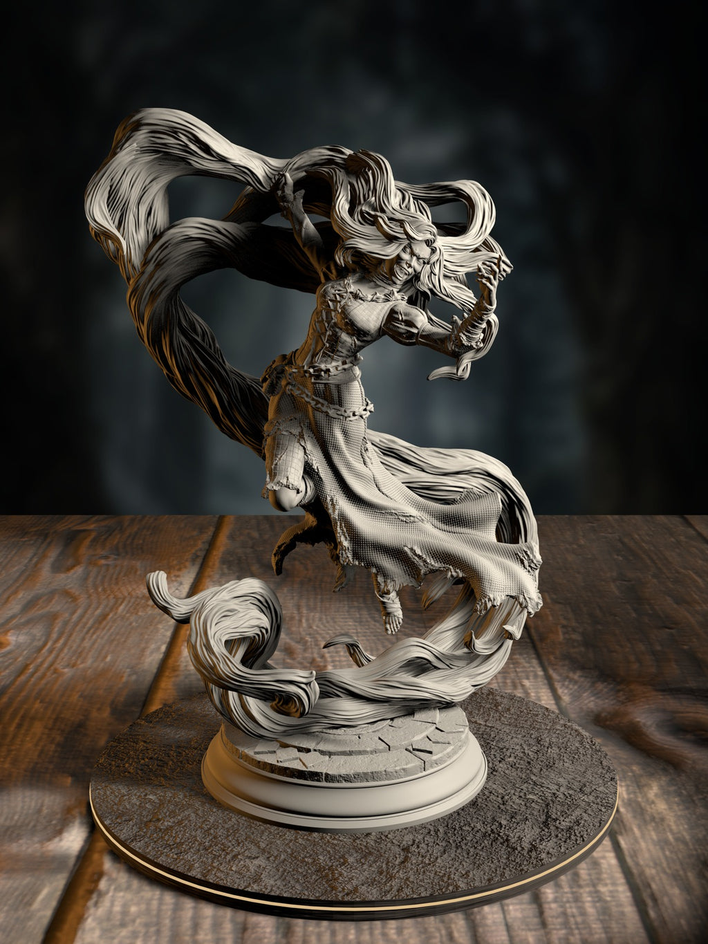 Rapunzel the Mad, Broken Princess, her enchanted hair weaponized around her, front view on a tower-interior base.