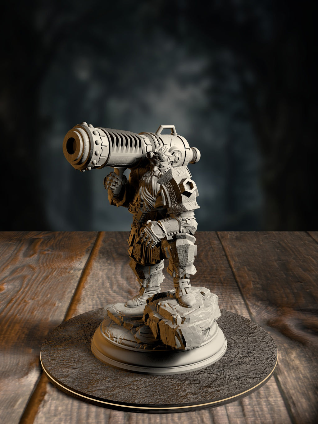 Rook, Dwarven Cannoneer, priming a tinkered cannon rig, front view on a workshop-inspired base.