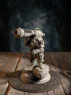 Rook, Dwarven Cannoneer, priming a tinkered cannon rig, front view on a workshop-inspired base.
