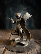 Rumpelstiltskin, The Devil’s Dealer, offering a contract scroll with a sly stance, front view.