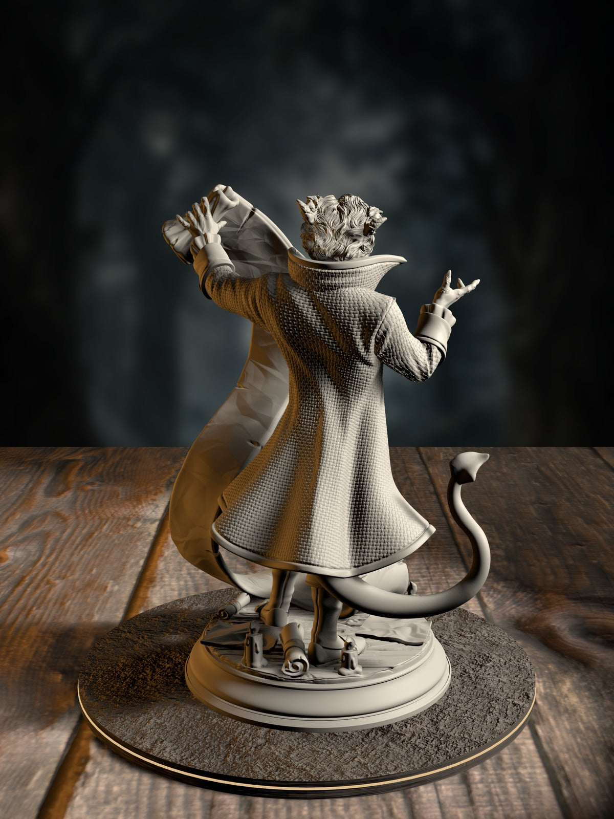 Rumpelstiltskin rear view showing devilish accents and dealmaker attire.