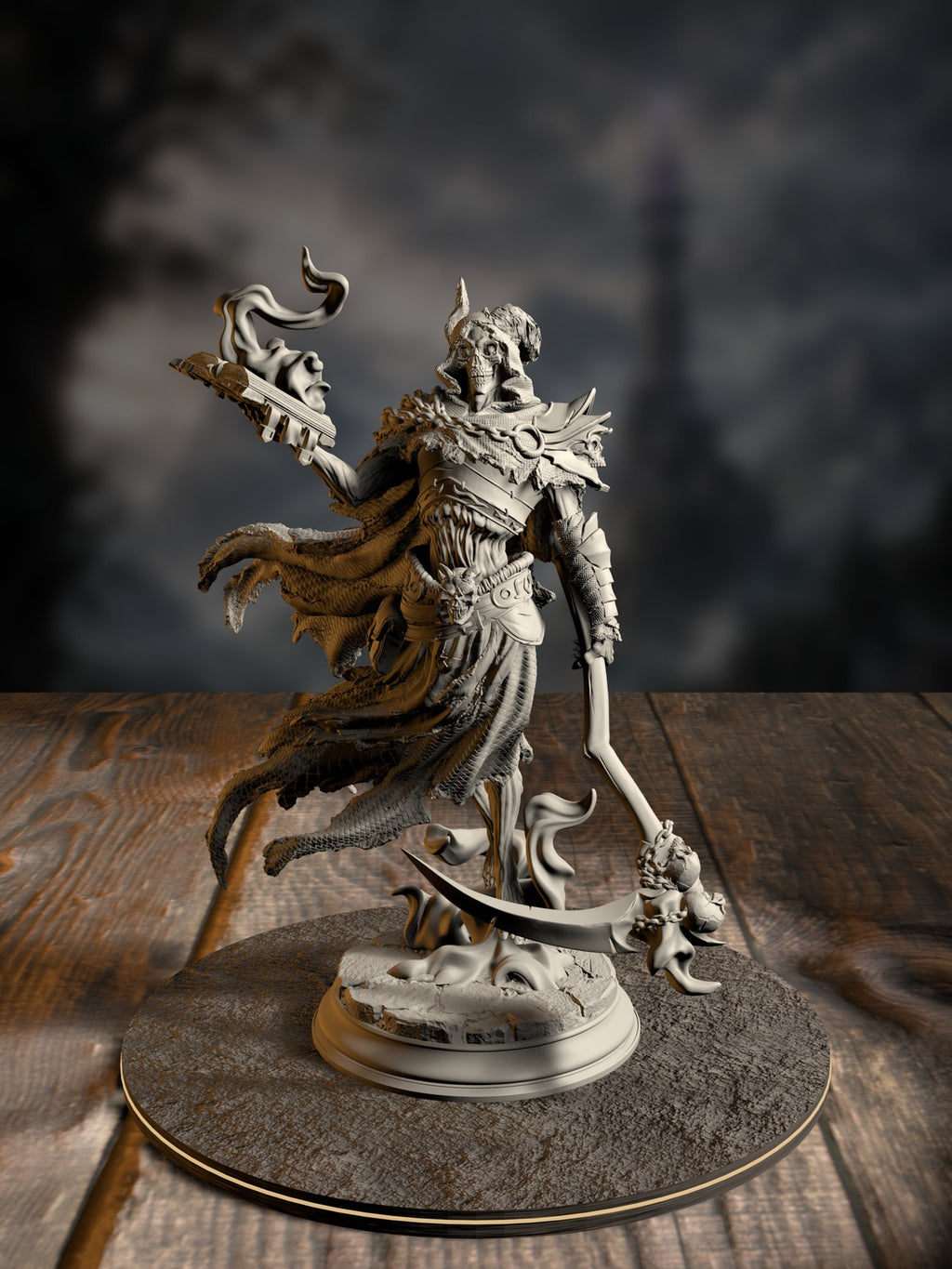 Siltharis, Lich of the Restless Grave, in tattered burial regalia mid-cast, front view on a cracked stone base.
