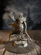 Siltharis, Lich of the Restless Grave, in tattered burial regalia mid-cast, front view on a cracked stone base.