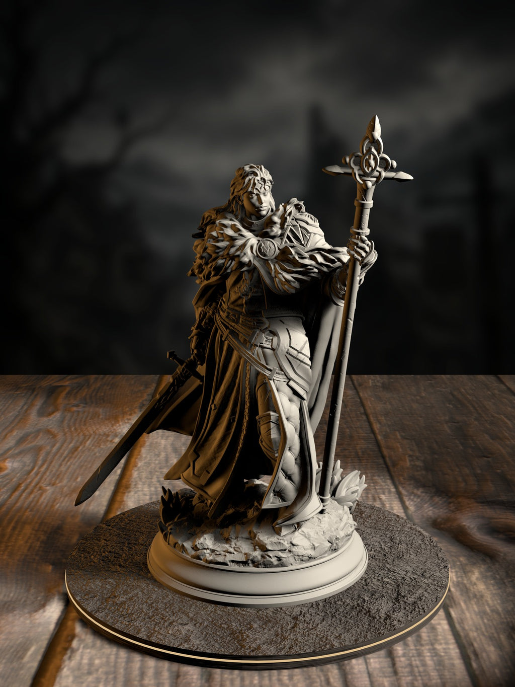 Silvia the Tearless, War Priestess, in ornate clerical armor with holy war-symbols, front view on a battlefield base.