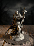 Silvia the Tearless, War Priestess, in ornate clerical armor with holy war-symbols, front view on a battlefield base.