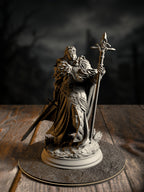 Silvia the Tearless, War Priestess, in ornate clerical armor with holy war-symbols, front view on a battlefield base.