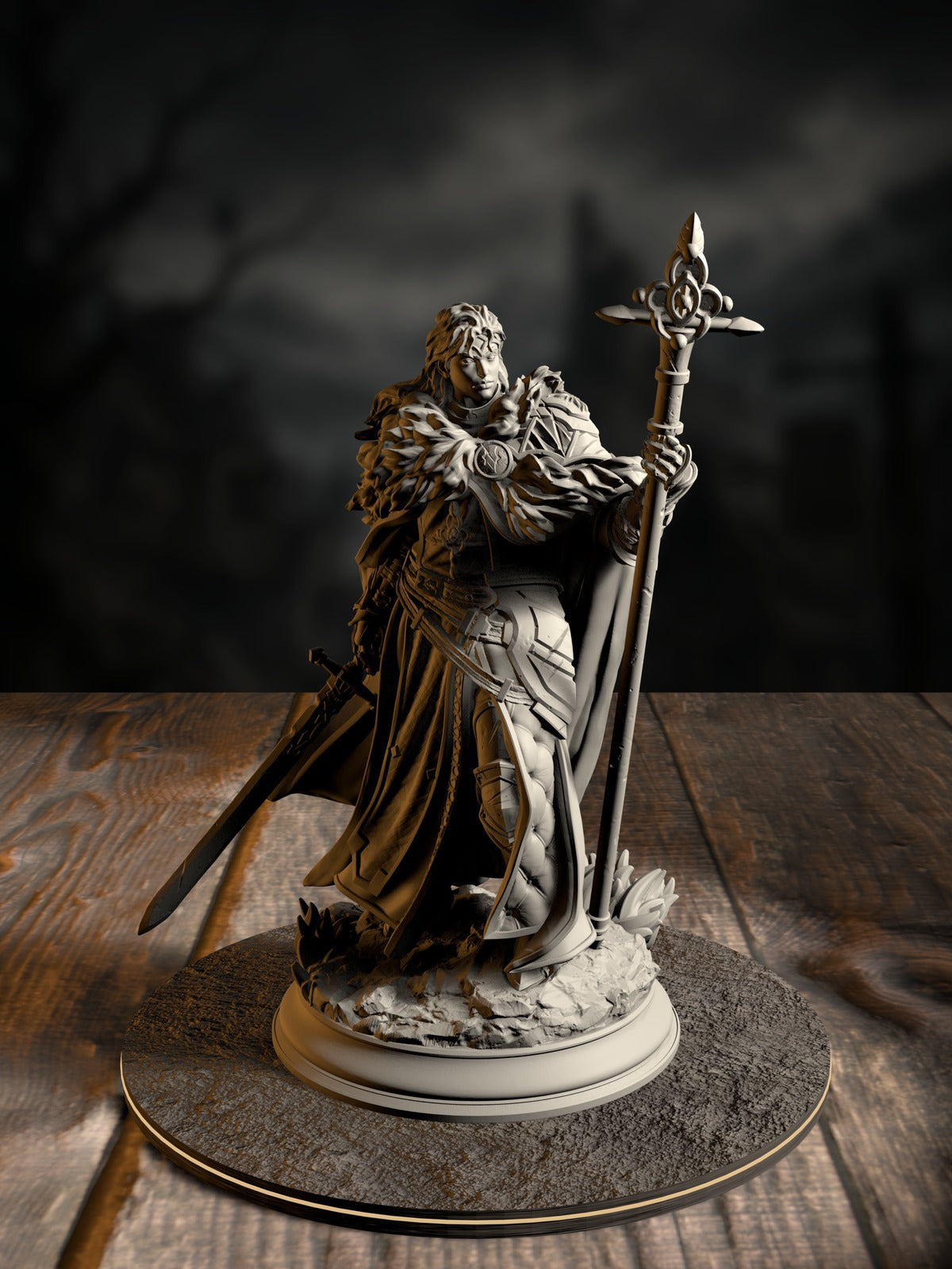 Silvia the Tearless, War Priestess, in ornate clerical armor with holy war-symbols, front view on a battlefield base.