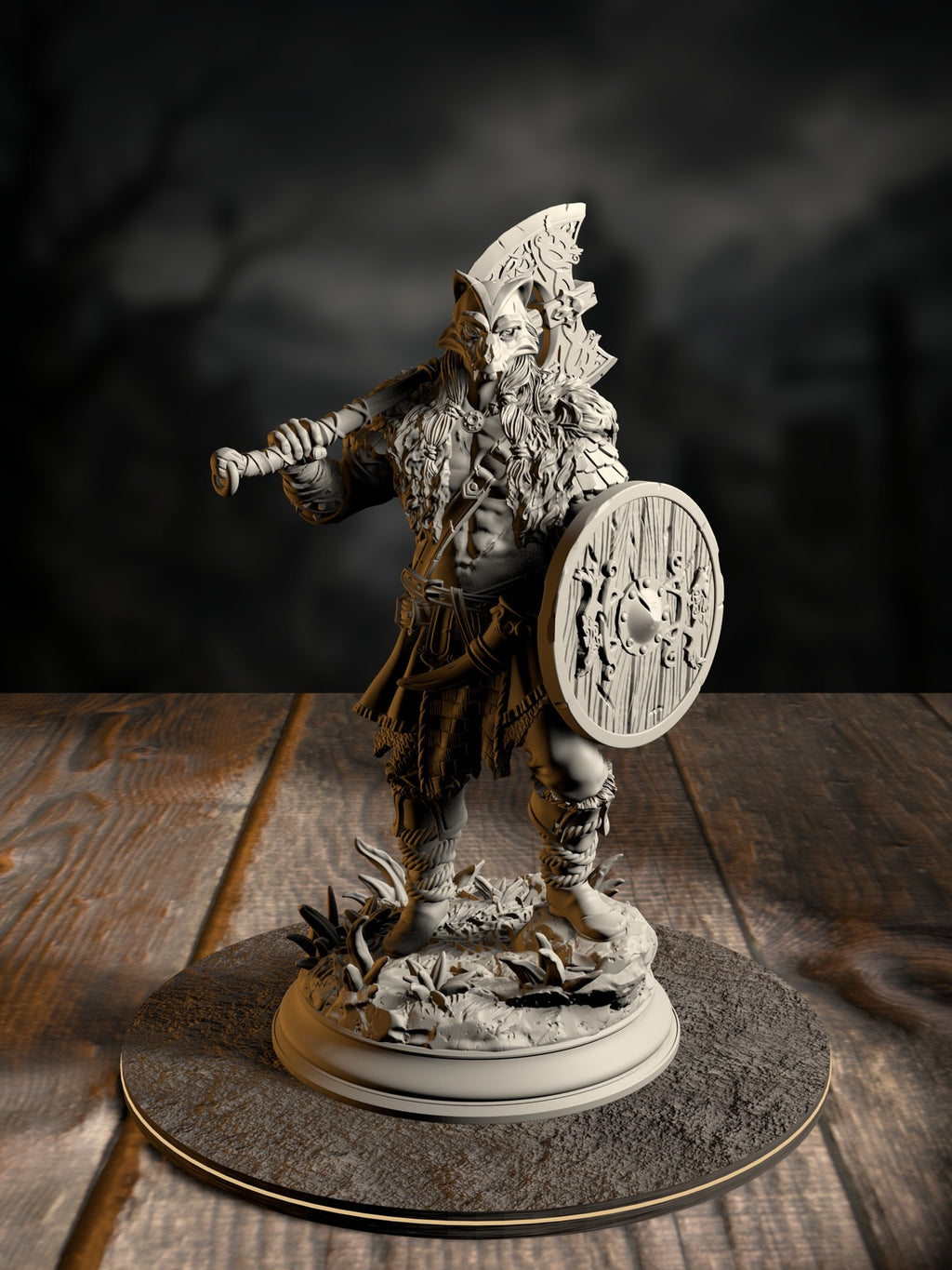 Skjolnir Ulvar, Barbarian of the Wolf, in primal wildling gear with direwolf-hide adornments, front view on a wilderness base.