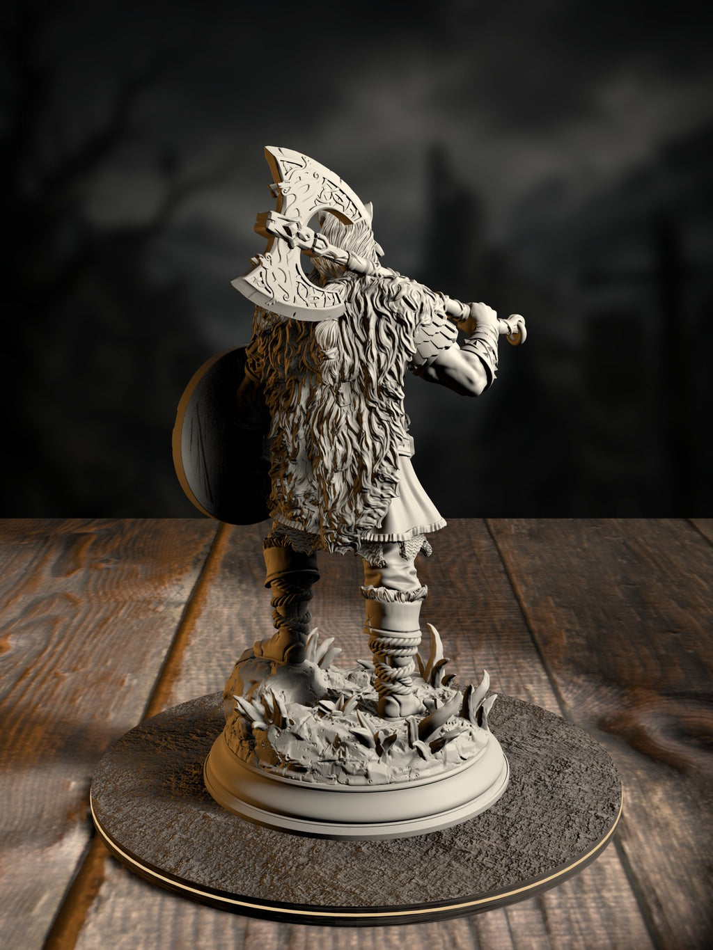 Skjolnir Ulvar rear view showing feral barbarian gear and hide detailing.