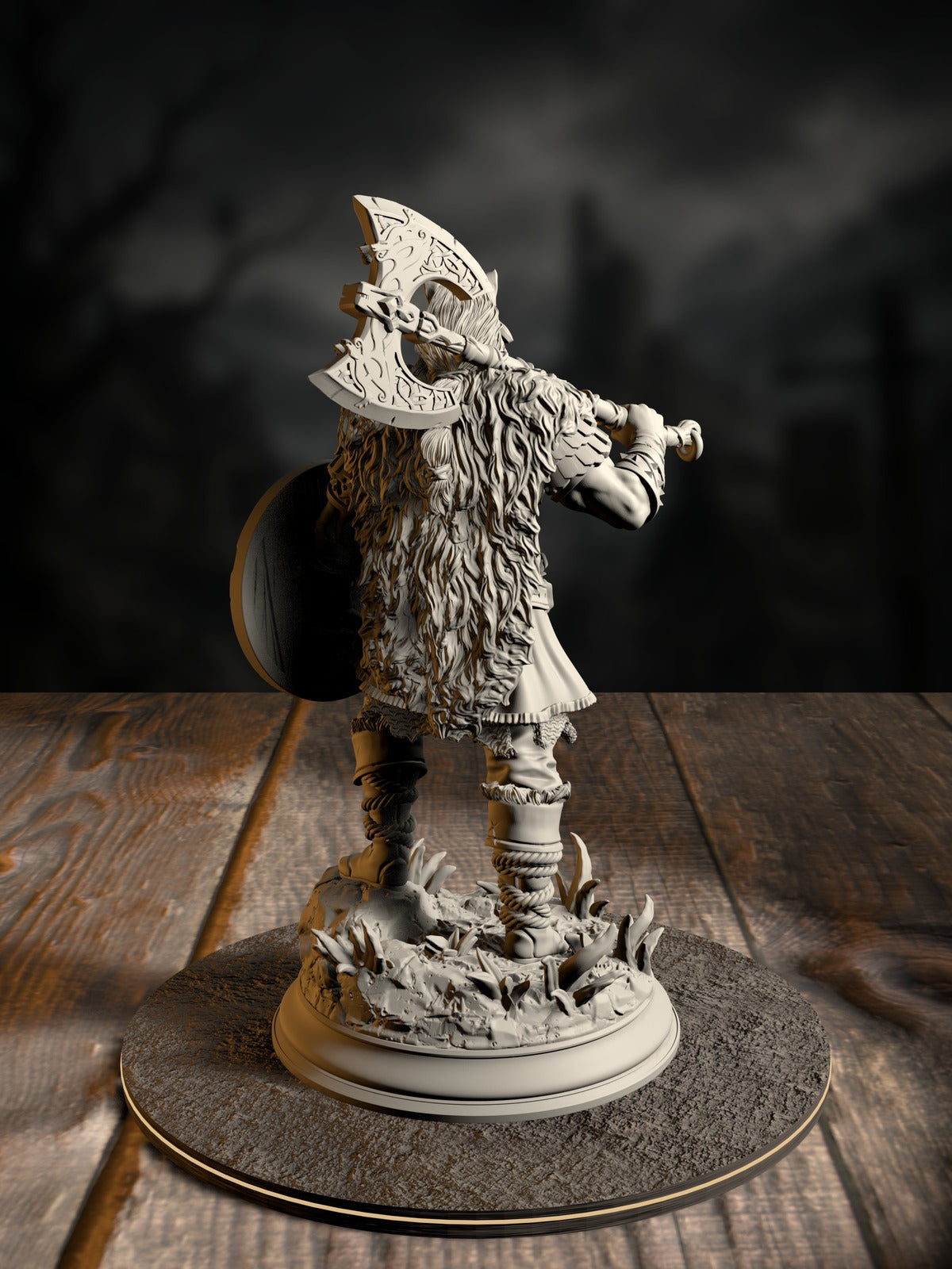 Skjolnir Ulvar rear view showing feral barbarian gear and hide detailing.