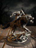 Skjolnir riding atop his wolf-brother Haarn, a fearsome barbarian and direwolf duo, front view on a large scenic base.