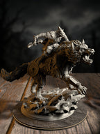 Skjolnir riding atop his wolf-brother Haarn, a fearsome barbarian and direwolf duo, front view on a large scenic base.