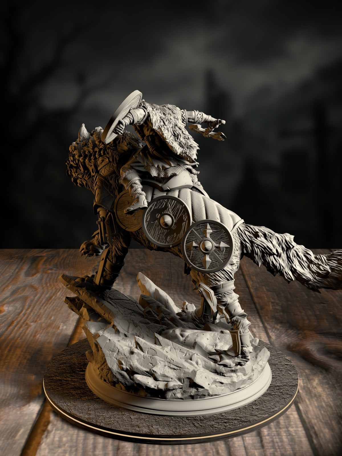Skjolnir & Haarn rear view showing hide armor, fur detail, and dynamic mounted pose.