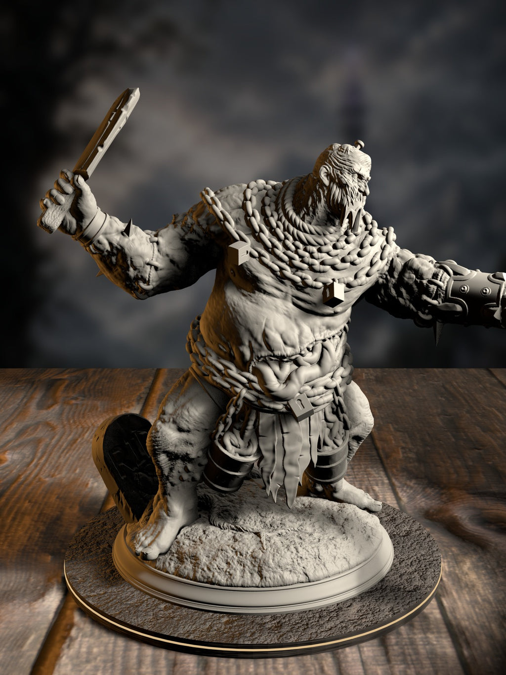 Sown One, Flesh Golem, a stitched-flesh construct advancing with exposed musculature, front view on a large scenic base.