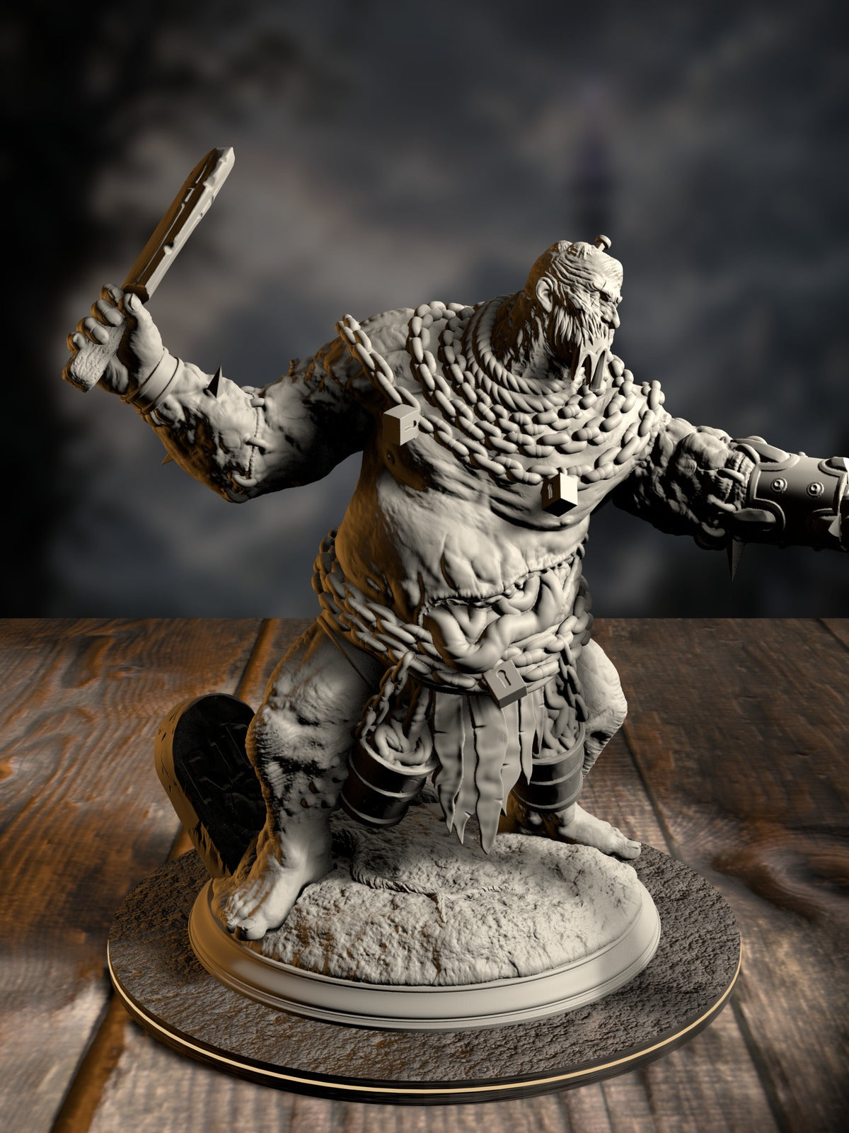 Sown One, Flesh Golem, a stitched-flesh construct advancing with exposed musculature, front view on a large scenic base.