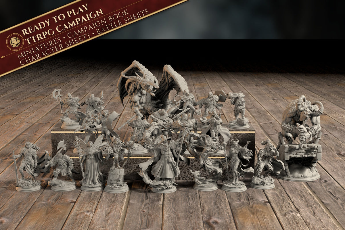 Group photo of all 21 painted-ready miniatures from the The Tales Grimm campaign bundle, with a Ready to Play banner listing miniatures, campaign book, character sheets, and battle sheets.