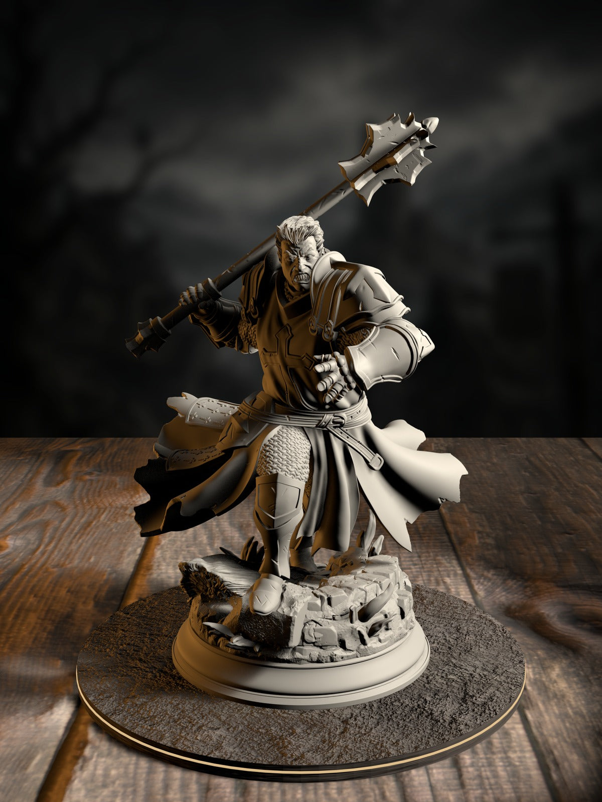 Thaddeus the Fortress, Horauthin’s Favoured, in heavy armor with Church insignia, front view on a scenic base.