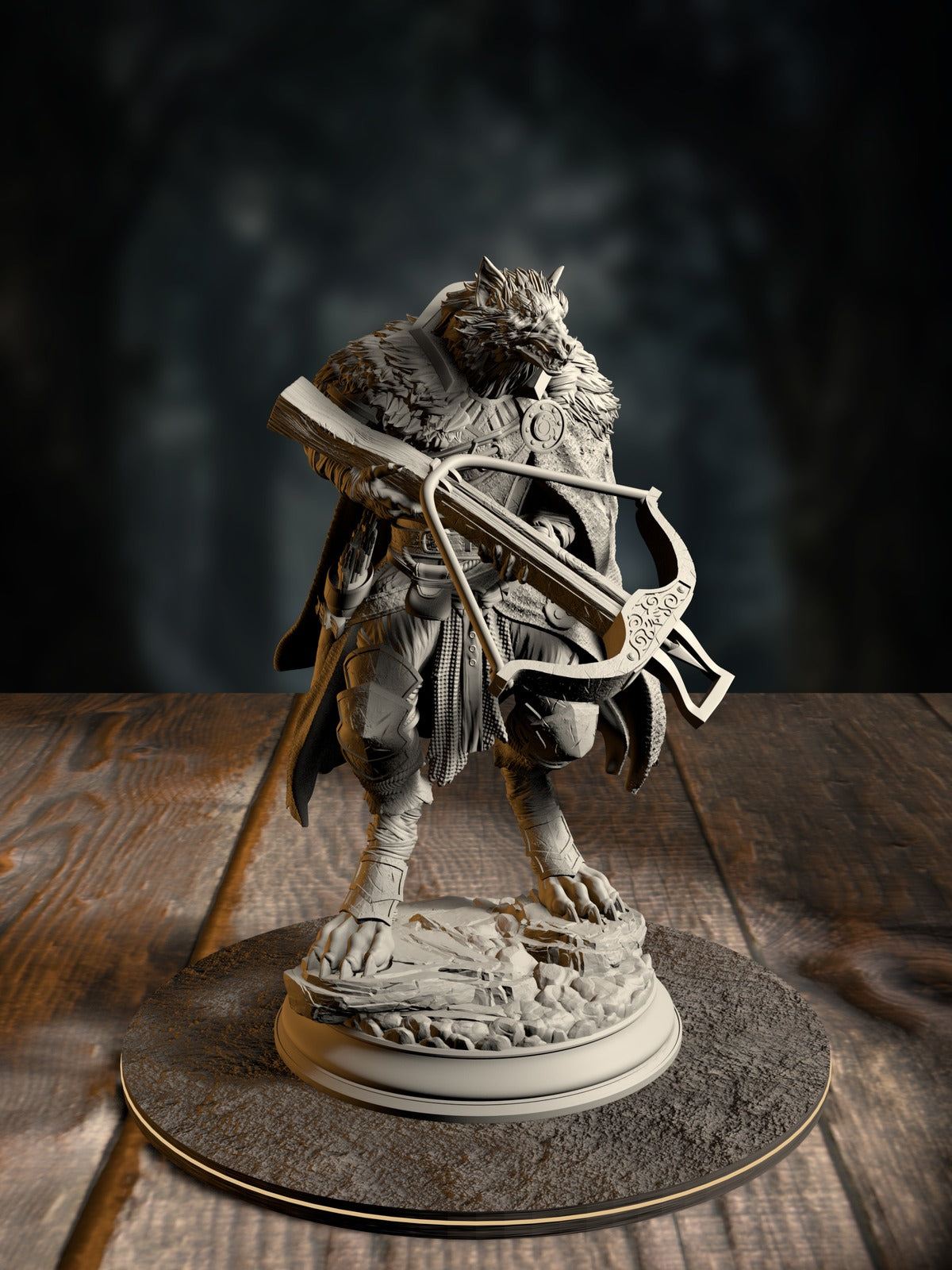 The Big Bad, Wolf Brigand, a controlled lycanthrope in huntsman gear, front view on a fringe-woods base.