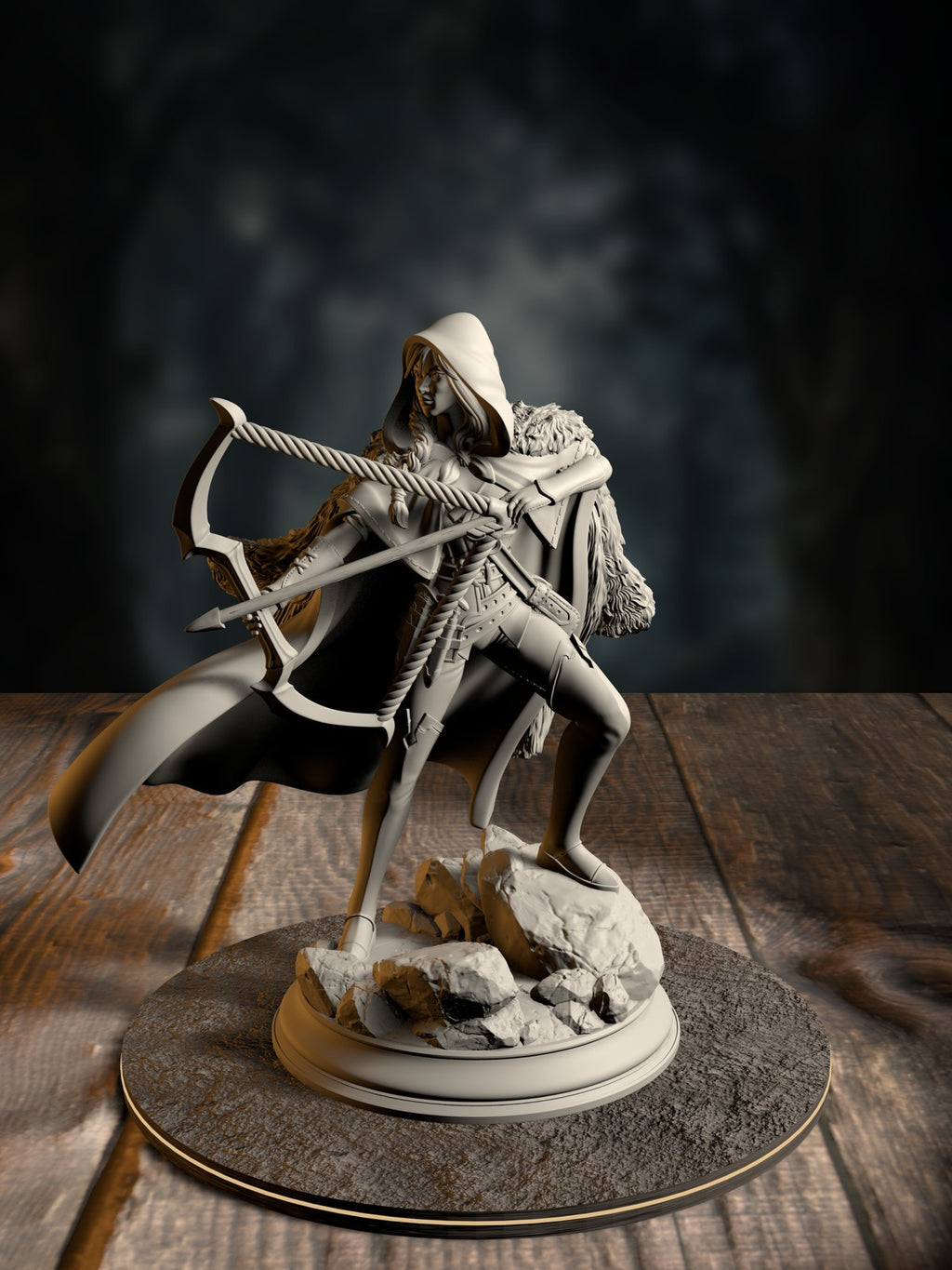 The Crimson Hood, Brigand of the Woods, in a weathered crimson cloak with hunting gear, front view.