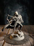 The Crimson Hood, Brigand of the Woods, in a weathered crimson cloak with hunting gear, front view.