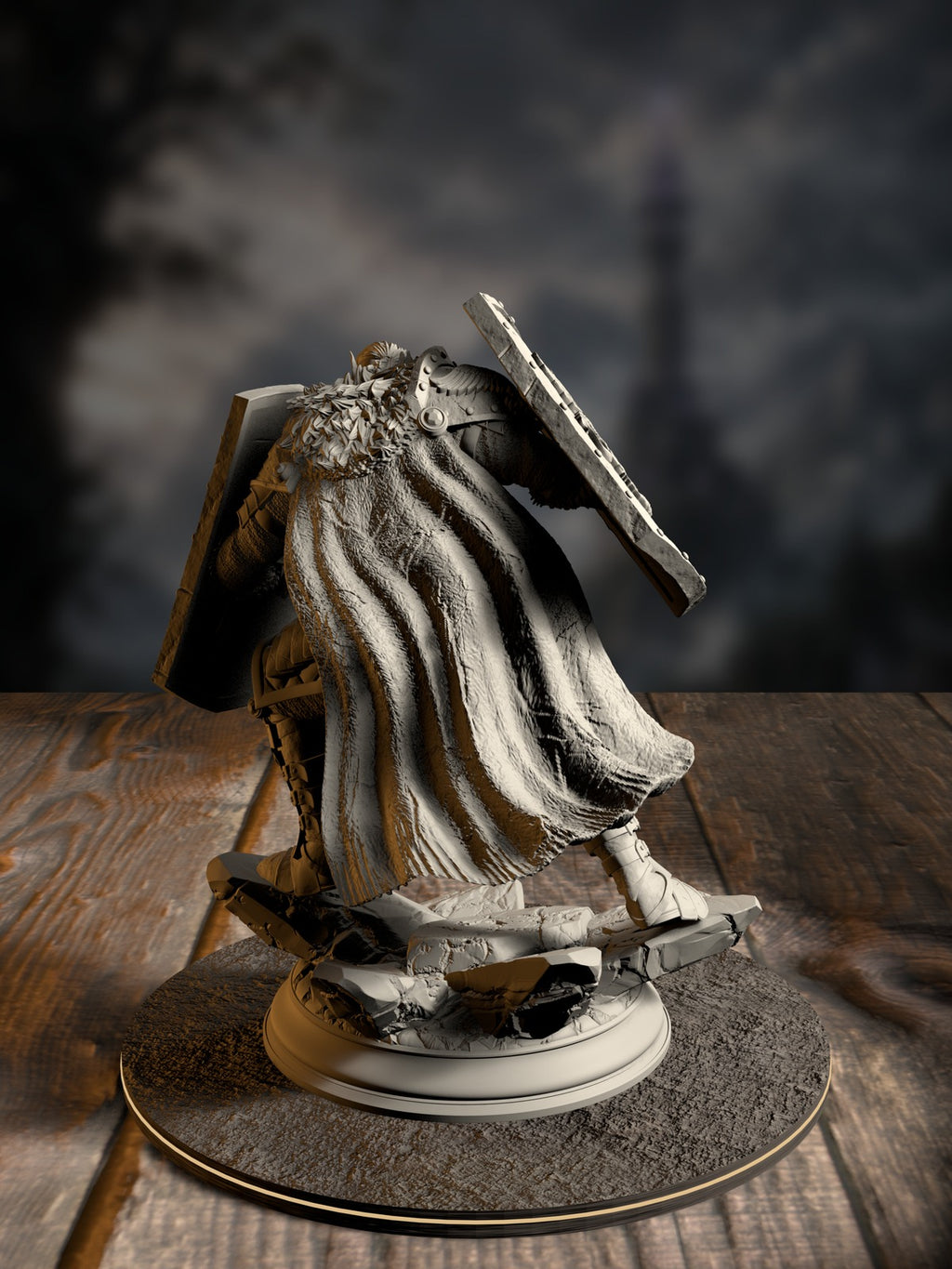 Trenon the Remade rear view showing vanguard armor and Golden Griffin insignia.