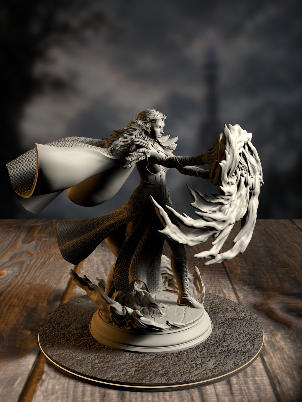Tyria Ravensong, Unbridled Sorceress, mid-cast with layered arcane accessories, front view on a wayside base.