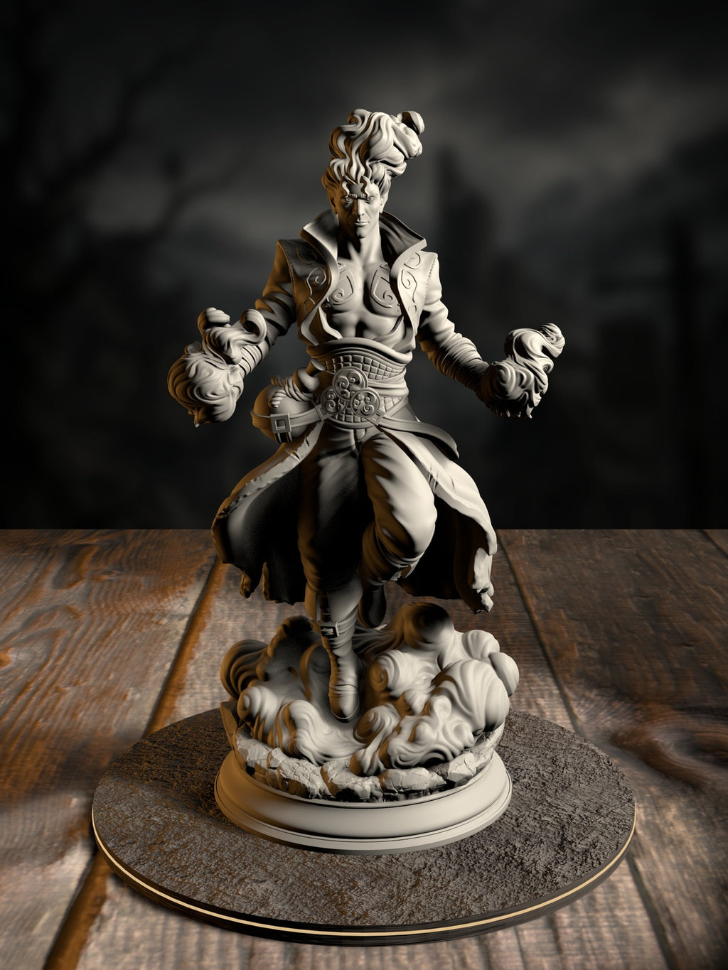 Villam Nitrana, Air Elemi Storm Sorcerer, mid-cast with wind-swept robes, front view on a storm-charged base.