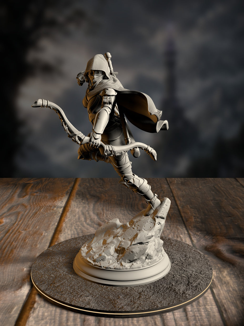 Virana, Devil Hunter, pose 1, an Elf ranger with anti-fiend weaponry, front view on a hunting-ground base.