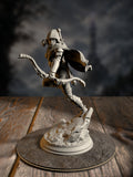 Virana, Devil Hunter, pose 1, an Elf ranger with anti-fiend weaponry, front view on a hunting-ground base.