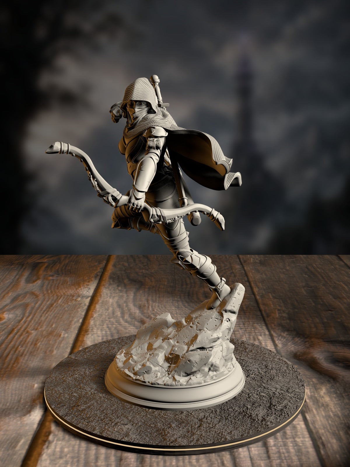 Virana, Devil Hunter, pose 1, an Elf ranger with anti-fiend weaponry, front view on a hunting-ground base.