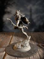 Virana, Devil Hunter, pose 3, an Elf ranger with anti-fiend weaponry, front view on a hunting-ground base.