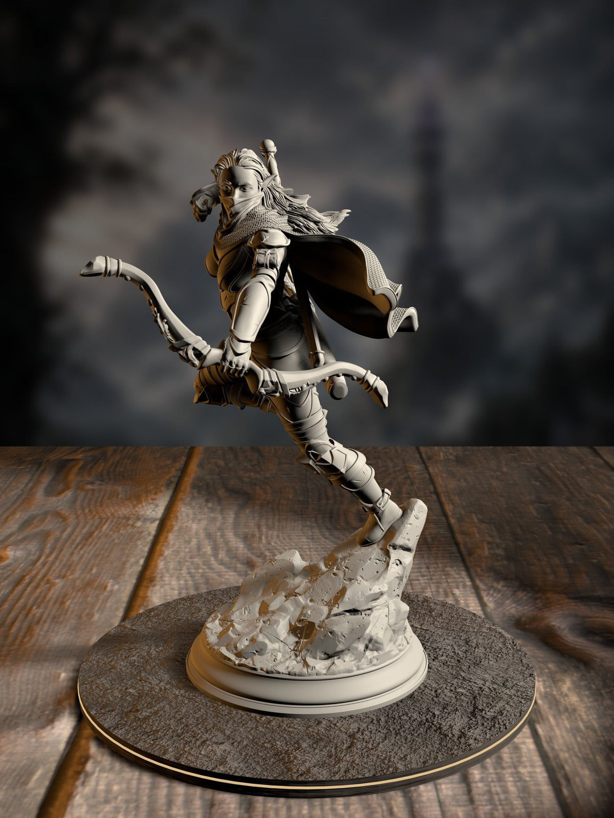 Virana, Devil Hunter, pose 3, an Elf ranger with anti-fiend weaponry, front view on a hunting-ground base.