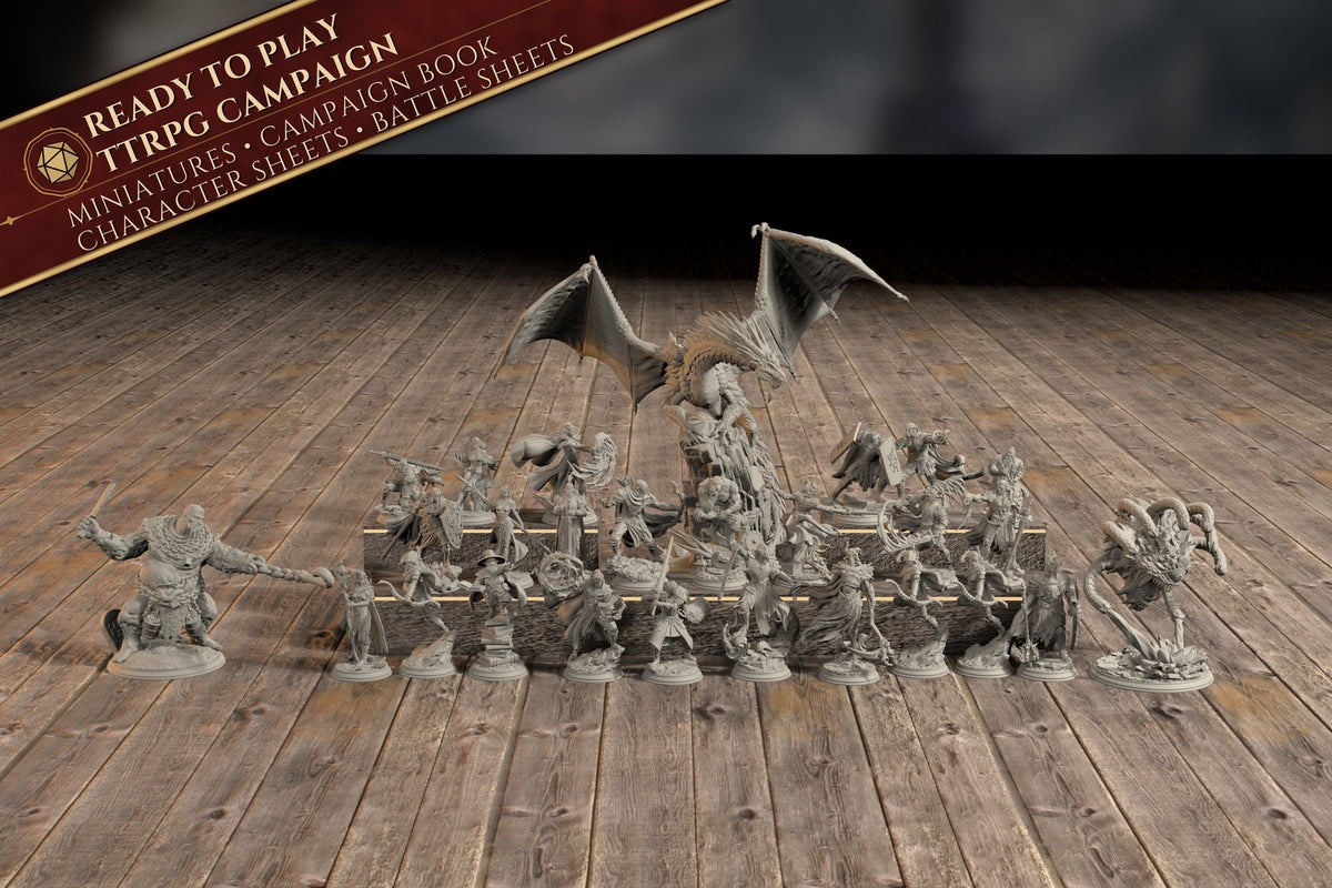 Group photo of all 27 painted-ready miniatures from the Bastion of the Wandering Mage campaign bundle, with a Ready to Play banner listing miniatures, campaign book, character sheets, and battle sheets.