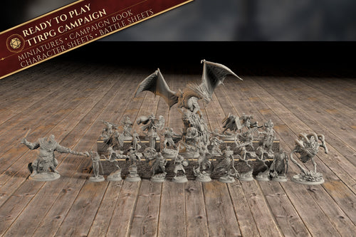 Group photo of all 27 painted-ready miniatures from the Bastion of the Wandering Mage campaign bundle, with a Ready to Play banner listing miniatures, campaign book, character sheets, and battle sheets.
