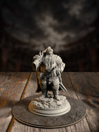 Bearded dwarf marksman miniature aiming a hand crossbow, wearing a traveling cloak and pack with a belt axe at his hip