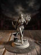 Agile rogue miniature mid-step holding a curved dagger in one hand and a glowing arcane rune disc in the other