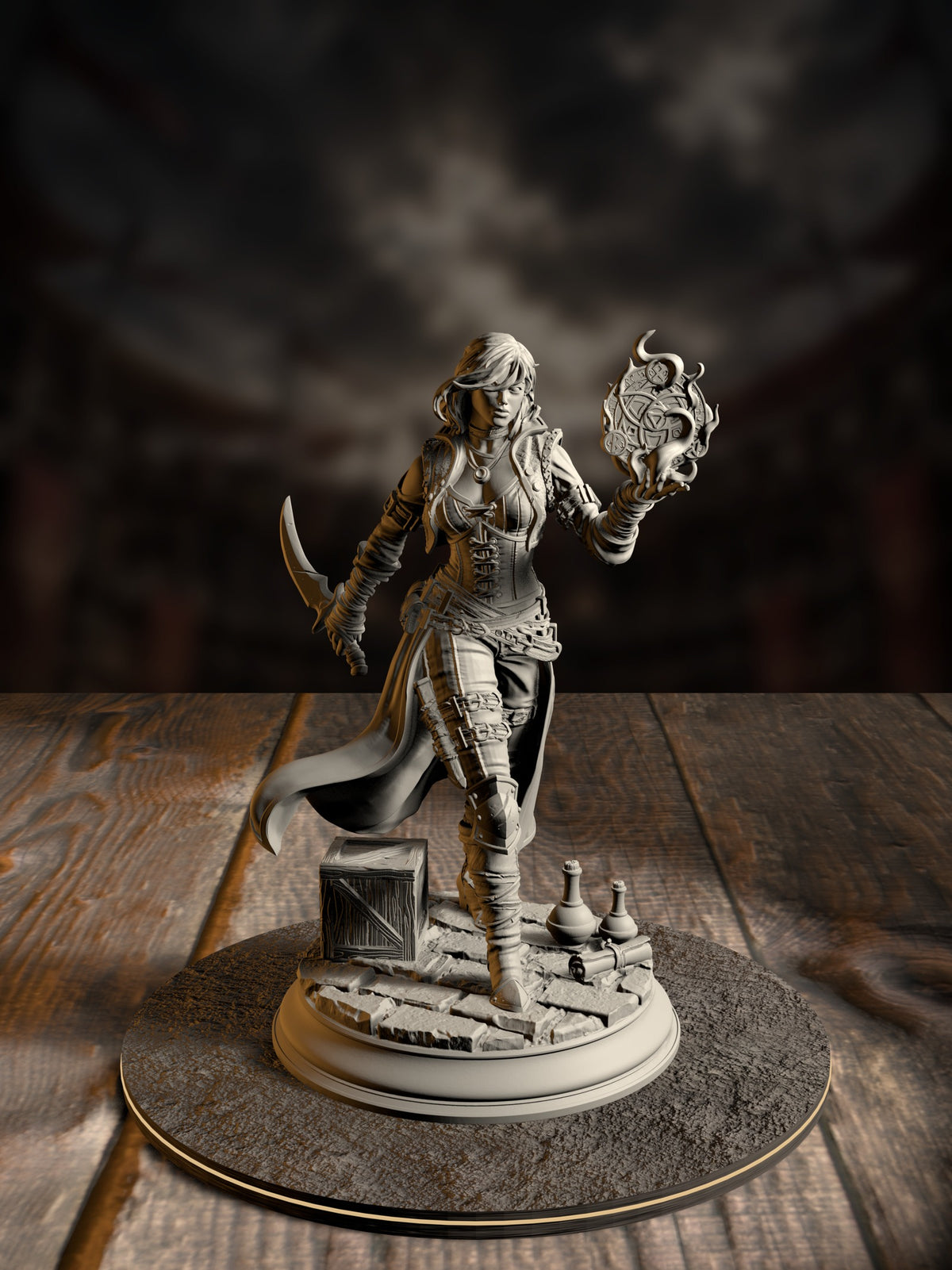 Agile rogue miniature mid-step holding a curved dagger in one hand and a glowing arcane rune disc in the other