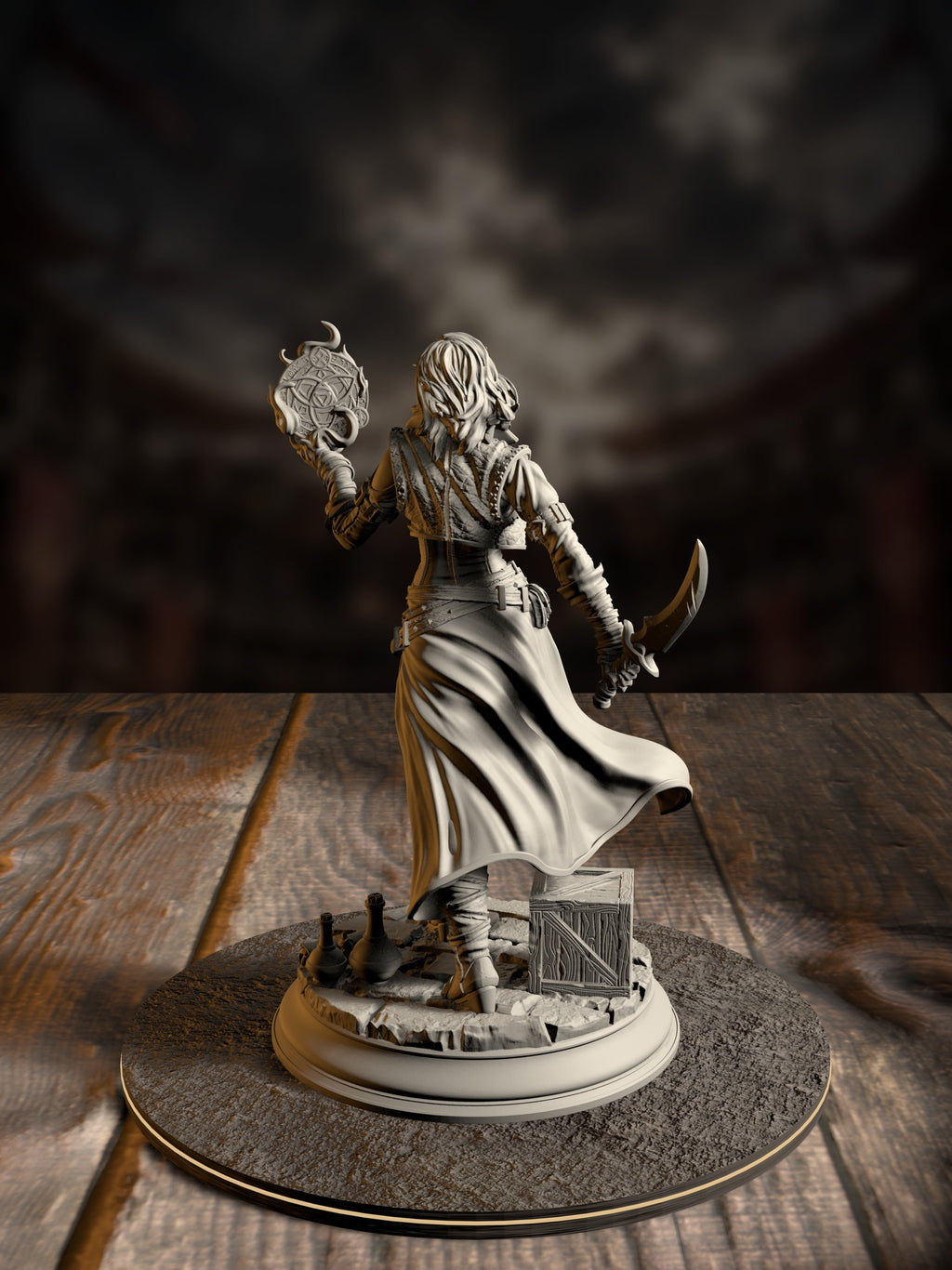 Front-angled view of Kira Solseth miniature showing her corset, flowing cloak, and crate-and-bottle-strewn base