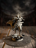 Colossal barbarian sorcerer miniature erupting from shattered stone shards, weapon raised, fur cloak billowing behind her