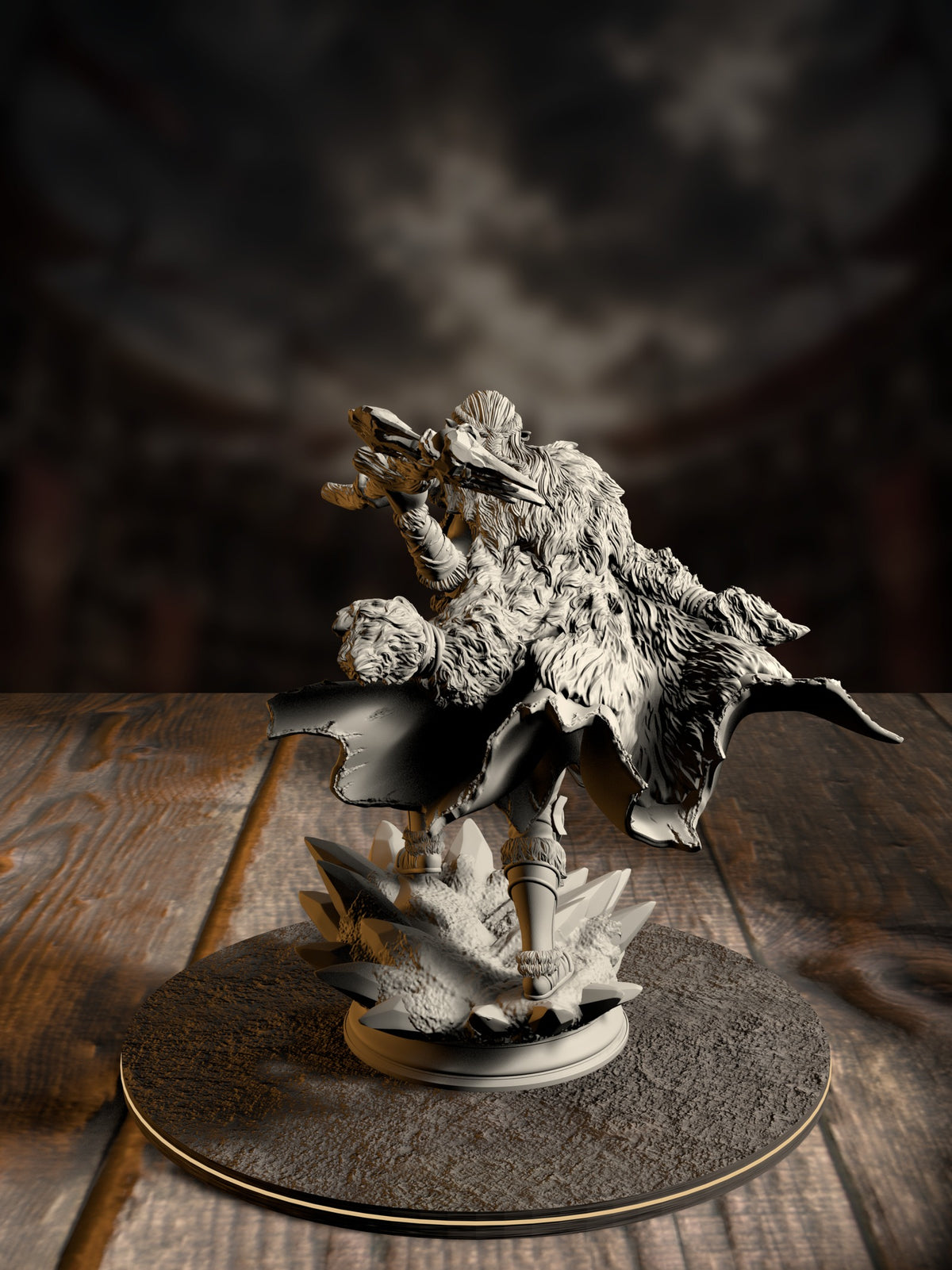 Rear view of Ice Heart miniature showing her fur cloak, tribal wraps, and the jagged stone base