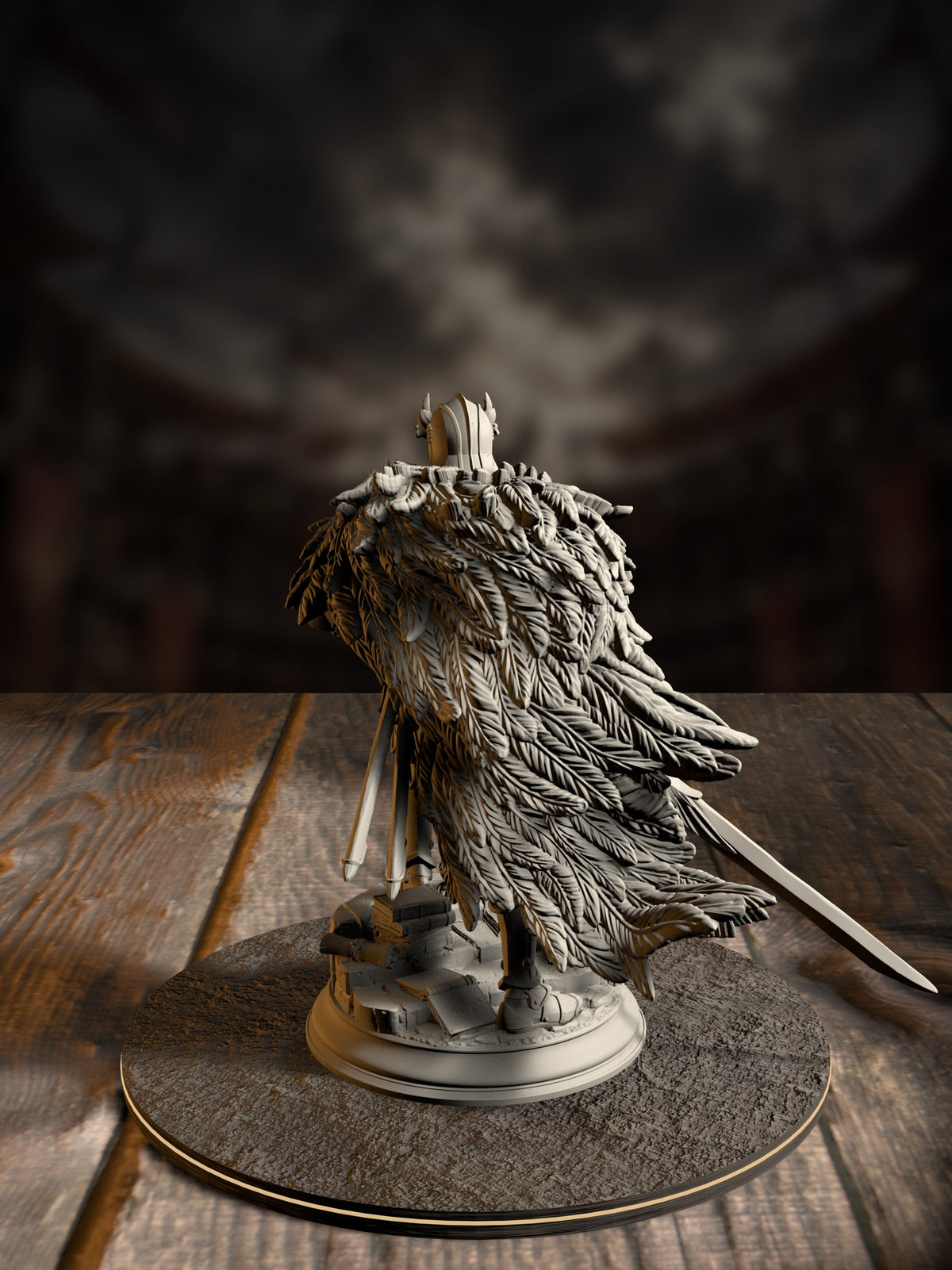 Rear view of Eulysses miniature showing the full feathered cloak, plumed pauldrons, and sheathed greatsword