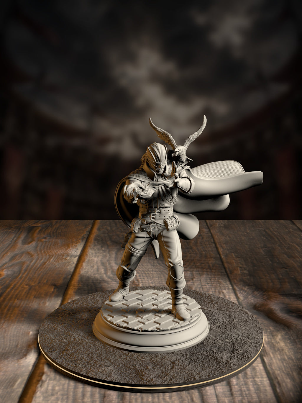 Gunslinger miniature mid-draw with a raised revolver, wide-brimmed hat blown back, a crow perched on his shoulder