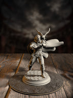 Gunslinger miniature mid-draw with a raised revolver, wide-brimmed hat blown back, a crow perched on his shoulder