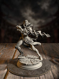 High elf spellsword miniature mid-lunge with an elegant flame-shaped greatsword, wind-swept hair and detailed armor